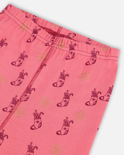 Organic Cotton Long Sleeve Two Piece Printed Christmas Stocking Pajama Set Pink