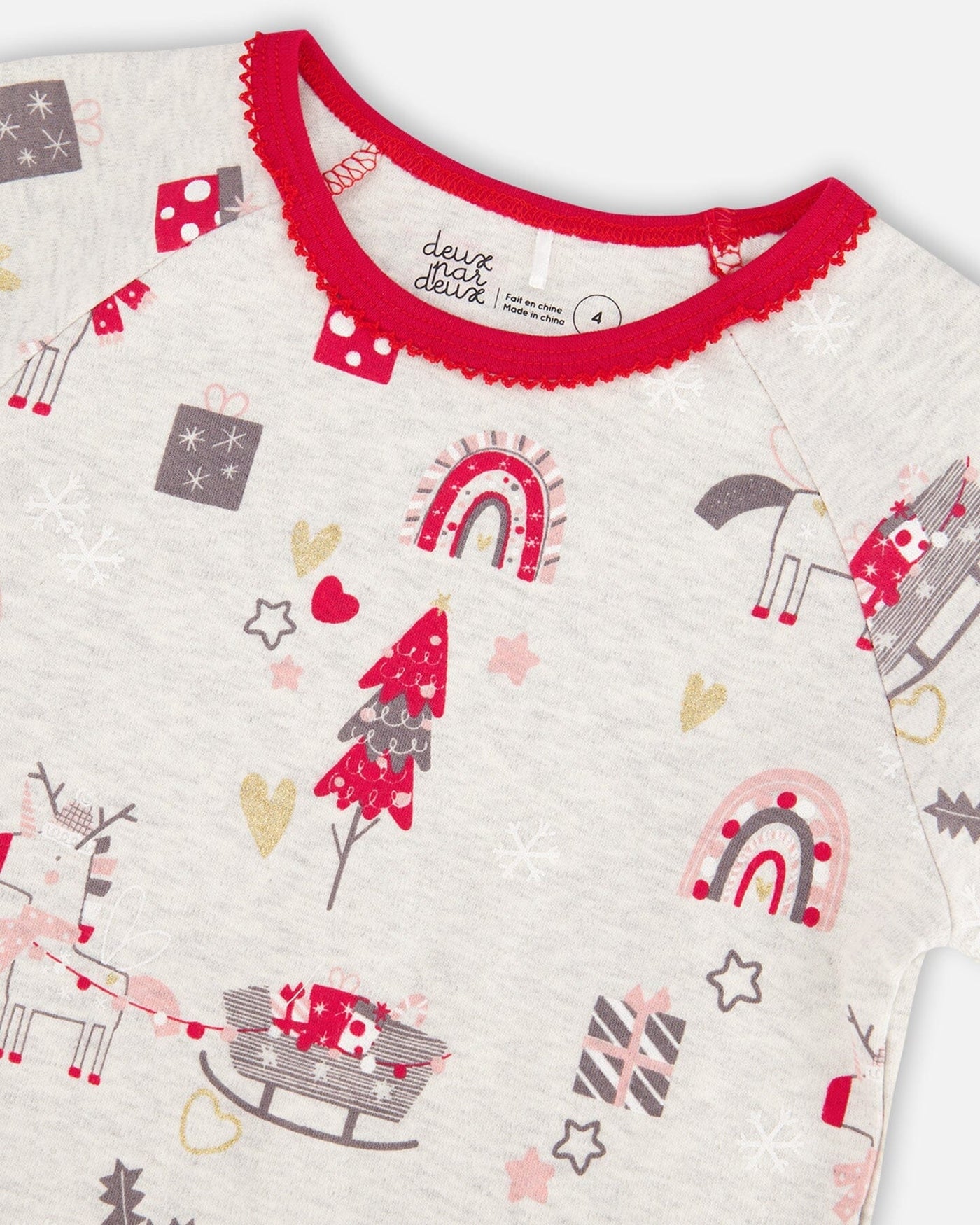 Organic Cotton Long Sleeve Two Piece Printed Christmas Unicorn Pajama Set Oatmeal Mix