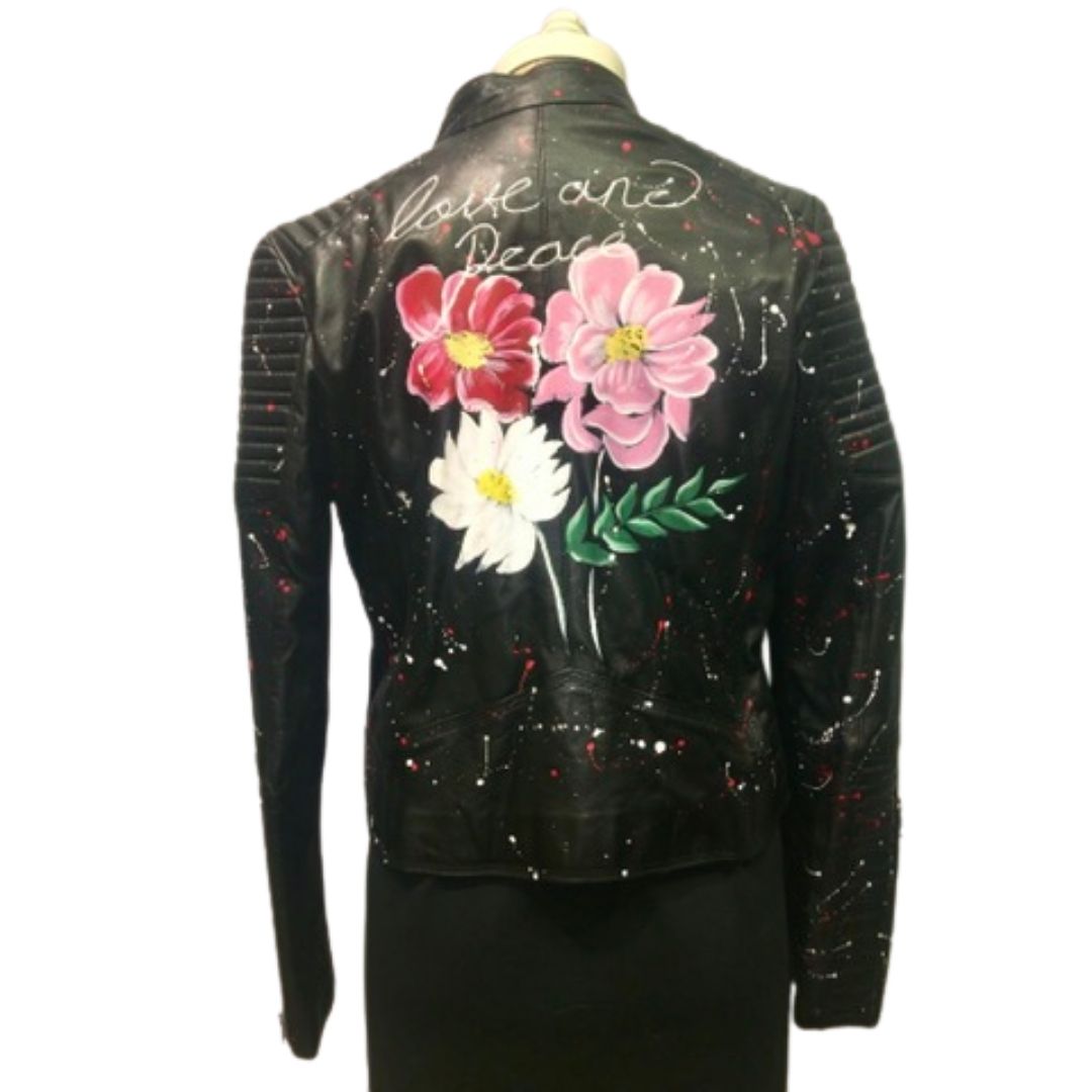 Splatter Flowers Leather Moto Jacket - Black