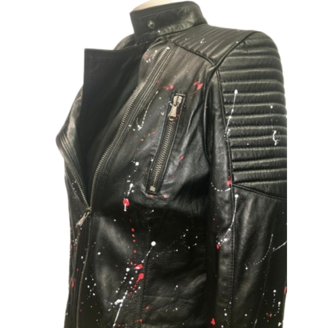Splatter Flowers Leather Moto Jacket - Black