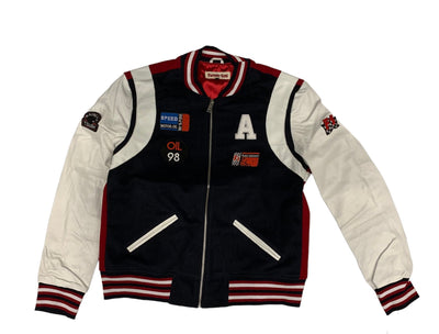 VARSITY JACKET WITH COLOR BLOCK AND LEATHER SLEEVES