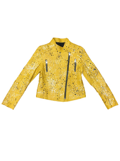 Splatter Flowers Leather Moto Jacket - Yellow
