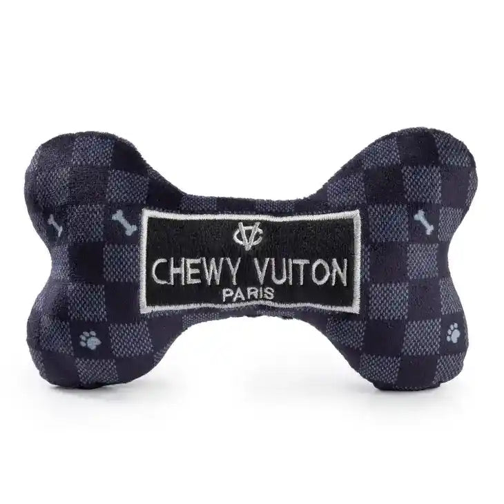 Checker Chewy Vuiton Squeaky Dog Bone Toy
