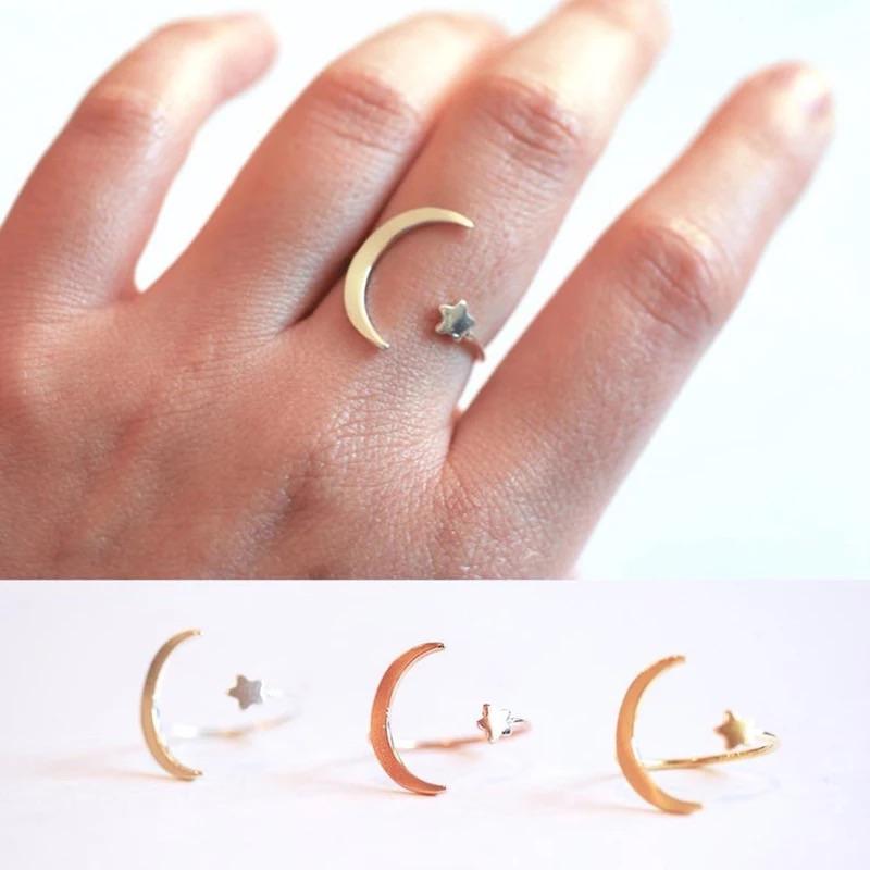 Half moon and star sterling silver ring